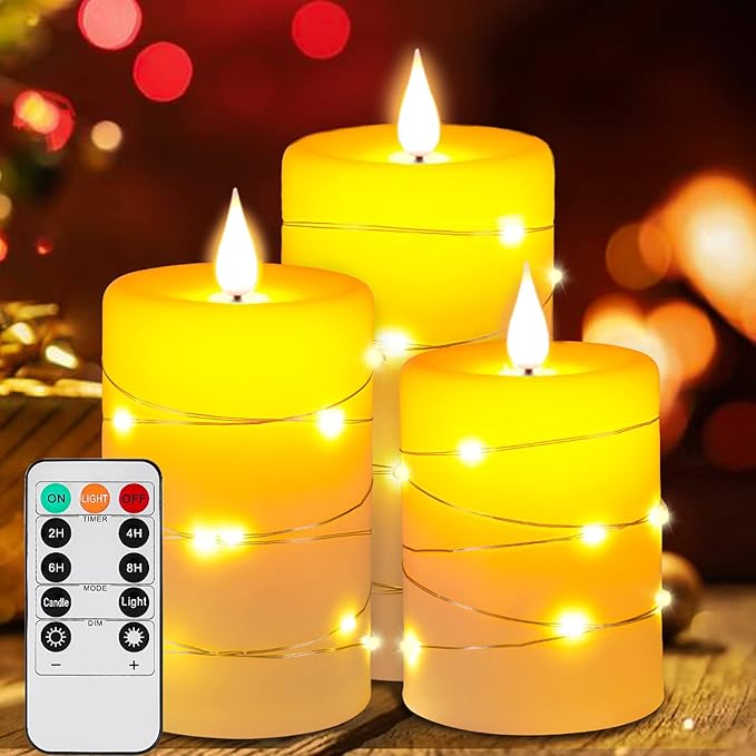 Upinmz Flickering Flameless Candles with Embedded String Lights, Battery Operated Candles with Remote Control and Timer,LED Candles for Home Decoration,Real Wax, 3 Pack Ivory
