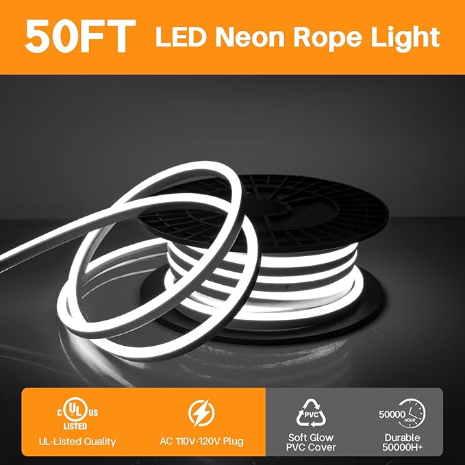 SURNIE 50ft/15m LED Neon Rope Lights - 110V Flex Strip Lights Outdoor Waterproof - 6000K Daylight White Flexible DIY Cuttable Connectable Light for Bar, Gaming Room, Commercial Building Use