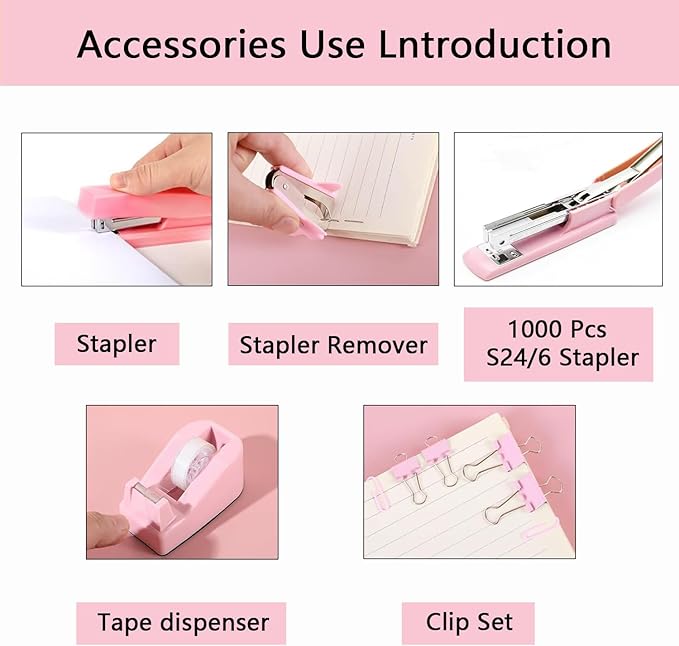 suniya Office Supplies,Desk Accessories,Tape Holder,Stapler,Scissor,Staple Remover,Box of Binder Clips,Staples,Ballpoint Pen,Lndex Tabs,Clear Tape,Office Supplies Set(Pink)