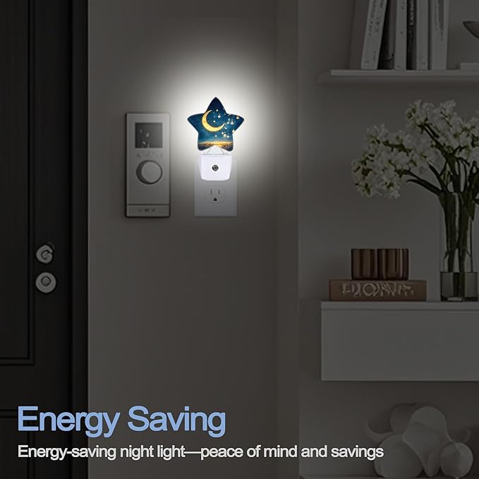 Moon Stars Sparkling Dusk to Dawn Star Night Light,Galaxy Solar System Smart Sensor Nightlight for Bedroom Kitchen Hallway Stairs,Plug-in Energy Efficient Decor Desk Lamp Women Men Gifts
