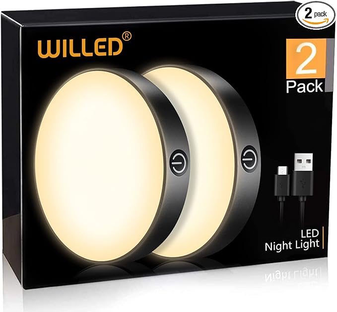 WILLED Tap Light Rechargeable, 3000K Dimmable Touch Light Buit-in 1000mAh Large Battery, Stick on Closet Light, Portable LED Puck Night Lights for Cabinet, Wardrobe, Counter, Kitchen, Bedroom (2 Pack)