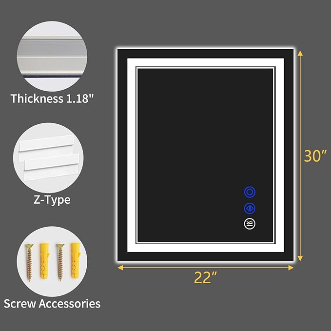 30"x22" LED Bathroom Mirror with Anti-Fog, Stepless Dimmable Lights, 3 Color Modes, Shatter-Proof Tempered Glass,Waterproof Design