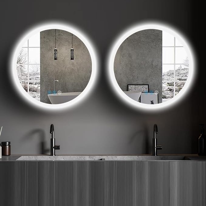 20 Inch Backlit Round Bathroom Mirror with Lights Antifog Smart Memery 3 Color Dimmable Backlit Frameless Round Lighted Vanity Mirror for Bathroom Wall LED Circle Mirrors with Backlits