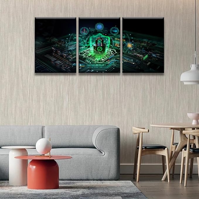 Canvas Wall Art Secure Connection or Cybersecurity Service Concept Picture Posters, Wall Art for Home Hotel Wall Decoration, 3 Panel Framed Wall Art Ready to Hang, 12x16inchx3