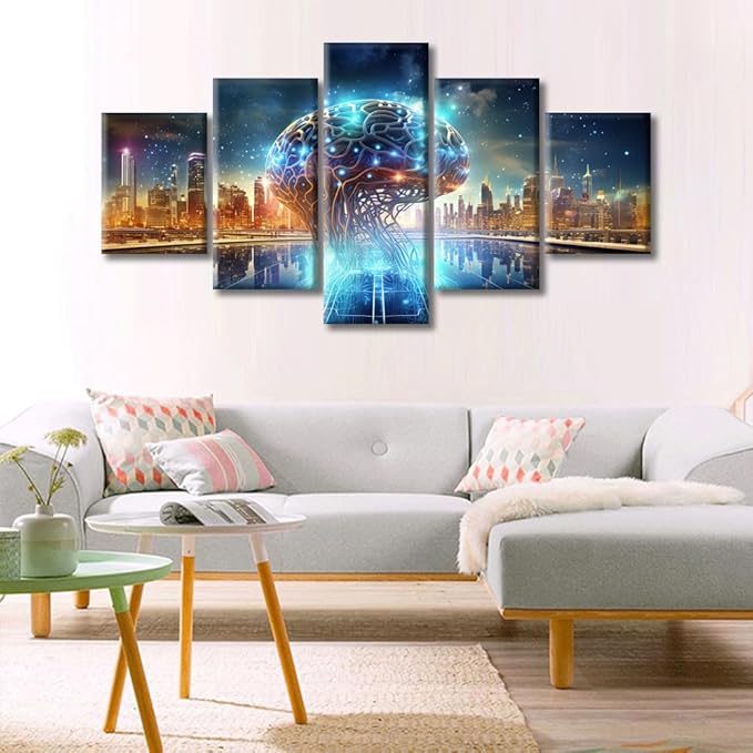 City Smart Brain Canvas Wall Art for Living Room Human Brain Energy Modern Painting Picture for Bedroom Office Artificial Intelligence Concept Home Wall Decorations Frame Wall Decor, (60"Wx32"H)