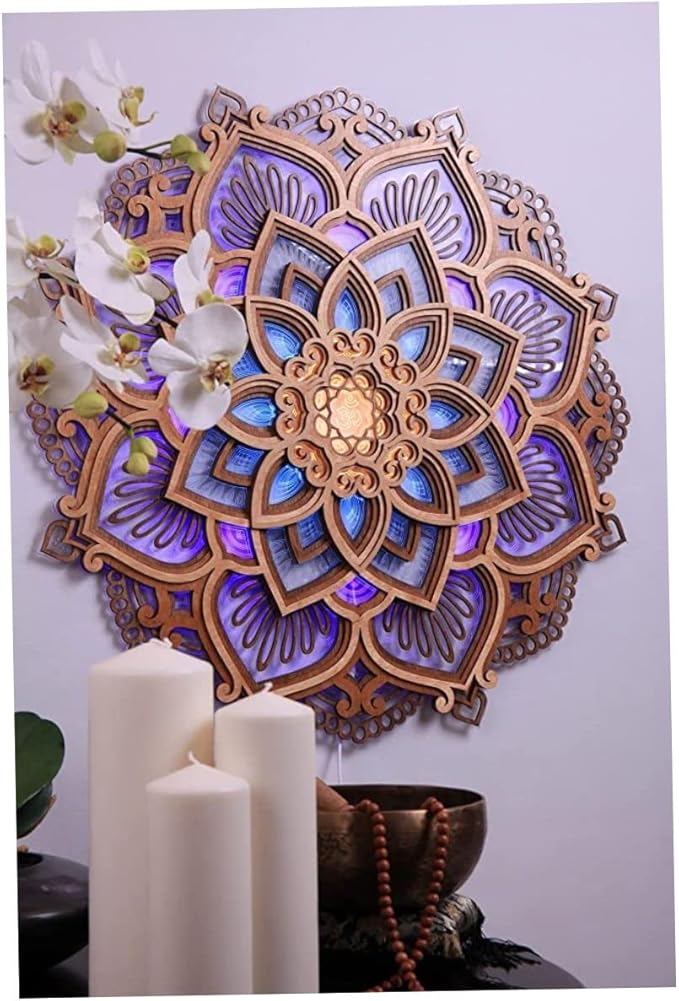 Ckuakiwu Mandala Yoga Room Night Light Led, Yoga Room Led Night Light, Creative Dream Wooden Hanging Wall Light Living Room Bedroom Wall Decoration, Diameter 11.8Inch