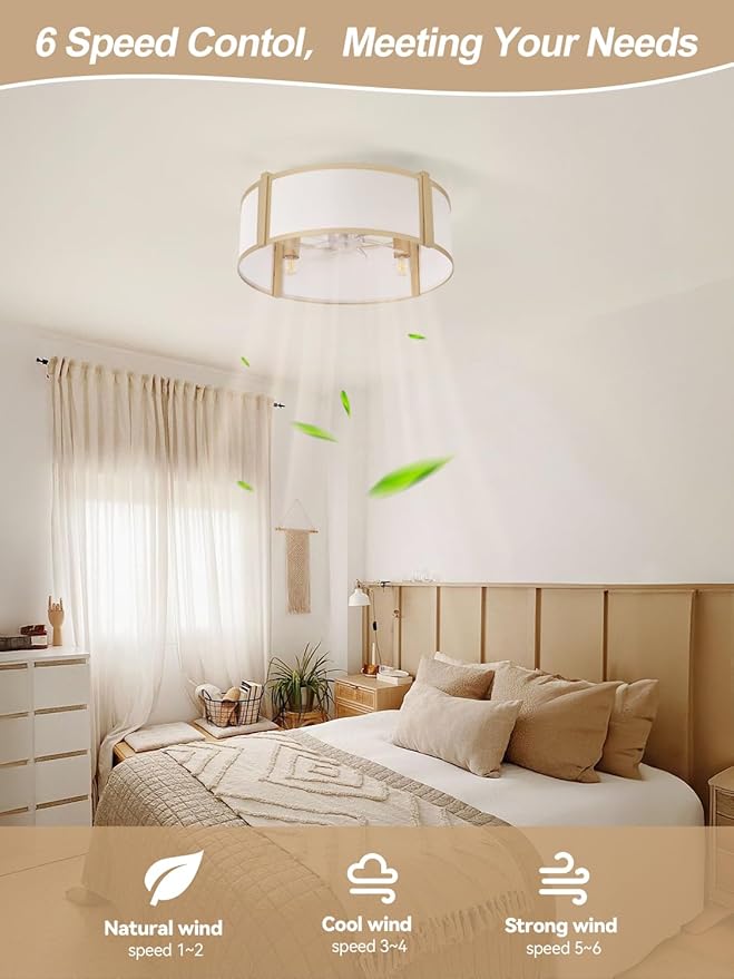 Gold Caged Ceiling Fan with Light, 20" Flush Mount Boho Ceiling Fans with Lights Remote Control, Low Profile Fabric Bladeless with 6 Speeds for Bedroom, Nursery, Living Room