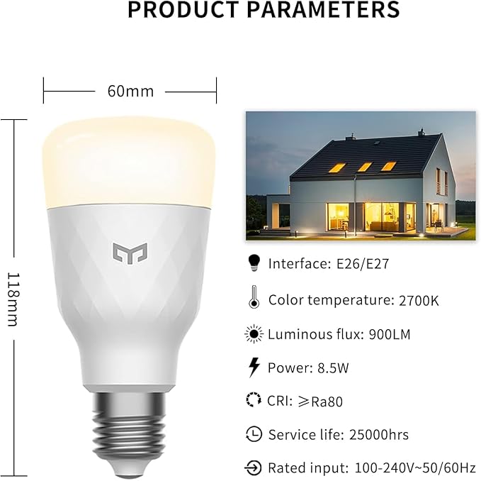 YEELIGHT Smart Light Bulbs, Warm White Dimmable LED Light Bulb 60W Equivalent, 900LM, E26, 2700K, Timing Function, WiFi & Bluetooth LED Bulbs, APP Control Work with Alexa and Google Assistant, 1 Pack