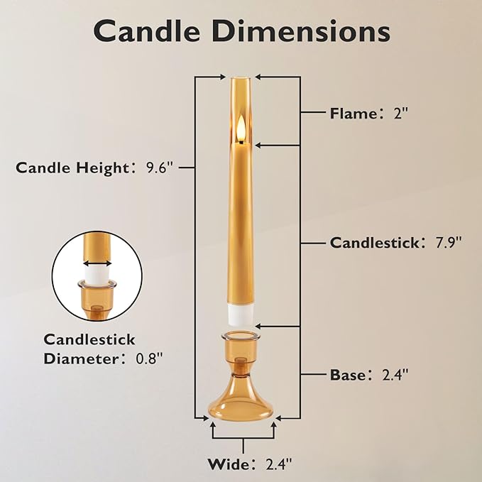 Homemory 6 Pcs Flameless Taper LED Candles with Remote and Timer, 3D Wick Flickering, Window Candles with 2 Light Modes, Battery Operated for Xmas Wedding Decor, 9.6 Inch, Gold