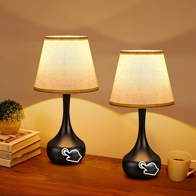 Touch Table Lamp for Bedroom Set of 2, Farmhouse 3-Way Dimmable Table Lamps for Nightstand with Fabric Shade, Lamps for Living Room，Desk Lamps for Home Office, Black Lamp for Bedroom