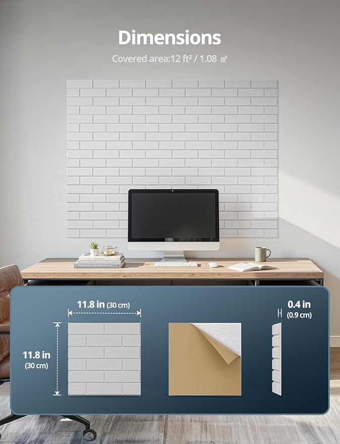Kuchoow Acoustic Sound Absorbing Self Adhesive Brick Felt Wall Panels for Studio Office, 12 Pack White Acoustic Treatment Tiles for Ceiling Decorative Boards for Bedroom Gaming Room 12''×12''×0.4''
