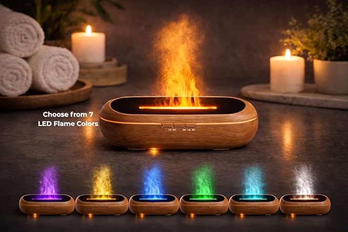 AquaAura Flame Diffuser – Flame Effect Essential Oil Diffuser & Humidifier, 160ml Aromatherapy Diffuser with 7 LED Colors, Cool Mist Humidifier with 1H/3H/6H Timer Auto Shutoff