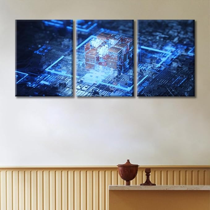 TUMOVO 3 Piece Integrated Communication Processor Wall Art for Living Room CPU Concept Canvas Wall Art Poster Motherboard Digital Chip Wall Decor for Bedroom Framed Ready to Hang(36" Wx16 H)