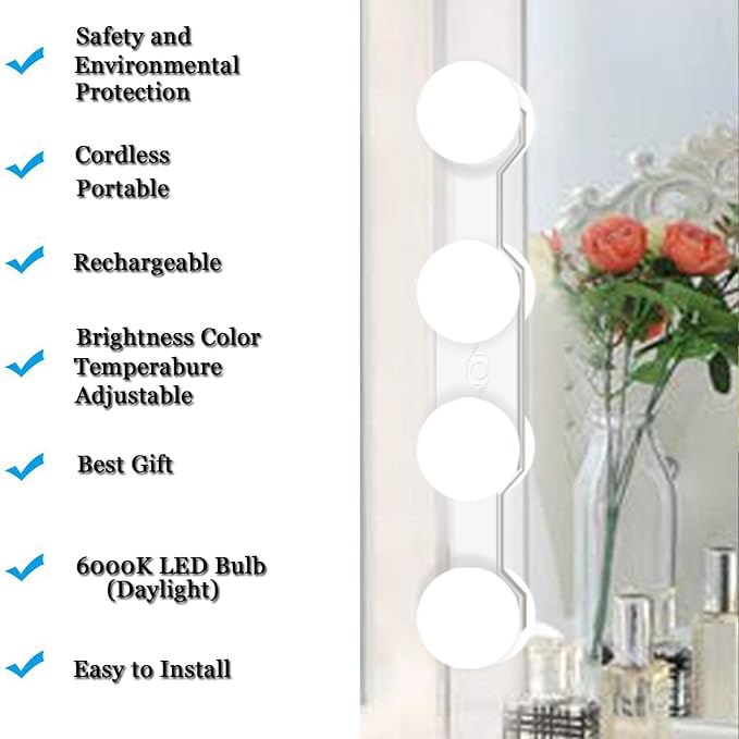 Cordless Rechargeable LED Vanity Mirror Light with Daylight Bulbs for Bathroom Makeup and Dressing Tables