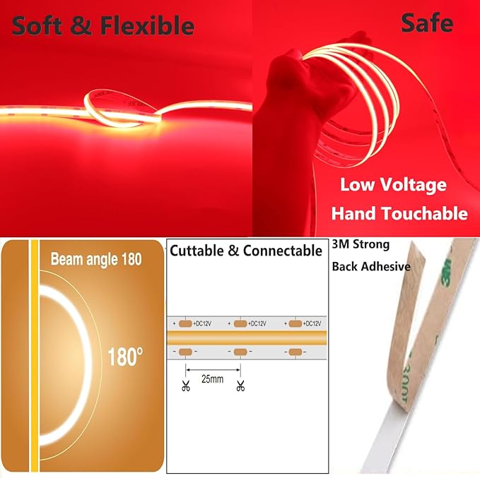IP65 COB LED Strip Light, 480LEDs/m High Density Red, 16.4FT DC12V Flexible Cuttable CRI90+ Uniform No-Spot Lighting for Kitchen,Bathroom&Under Cabinet, Home DIY Lighting Projects(No Power Supply)