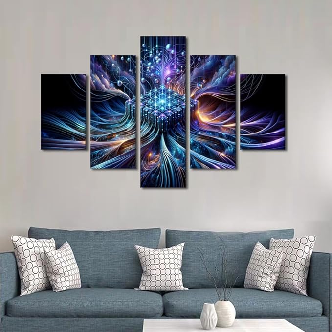5 Panel Bedroom Pictures Wall Art Computer Processors Canvas Paintings House Decor Living Room Contemporary Technology Posters and Prints Wall Decorations Artwork Wooden Frame Ready to Hang 60"Wx40"H