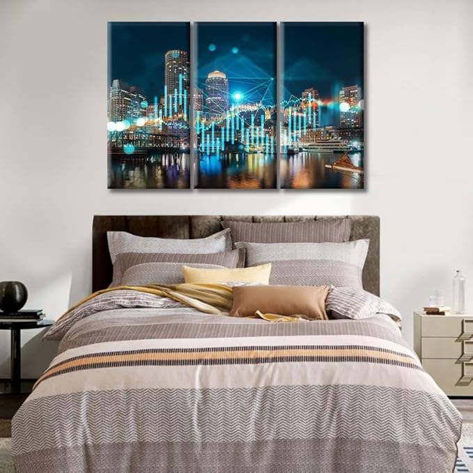 TUMOVO 3 Panel Wall Art Forex Financial Graph and Chart Hologram Paintings Modern Home Decor Boston Skyline Buildings Pictures Wall Decor Living Room Framed Ready to Hang (60" Wx40 H)