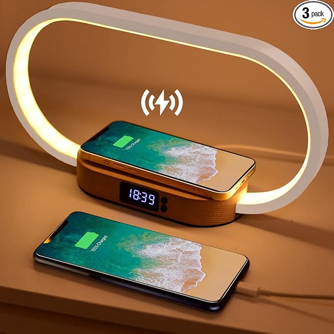 Donewin Bedside Lamp with Wireless Charger,Wooden Table Lamp with Charging Station,Touch Nightstand Lamp with Clock,3 Color Stepless Dimming Touch Lamp for Bedroom,Unique Gifts for Women