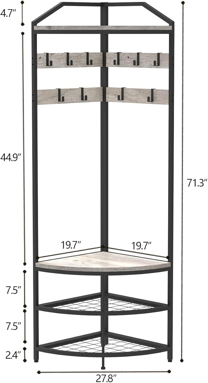 GiftGo Grey Corner Hall Tree with Shoe Bench Entryway Coat Rack with 10 Metal Movable Hooks Rustic Farmhouse Floorstanding Clothes Rack Shoes Shelf Organizer for Home Office Bedroom (Greige)