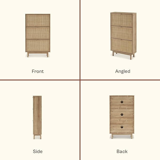 mopio Hannah Shoe Cabinet, Natural Rattan Farmhouse Shoe Storage Organizer, 3 Door Closet Rack for Entryway, Spacious Hallway Storage Cabinet with Doors & Shelves, Sturdy Solid Wood Legs (Riviera Oak)