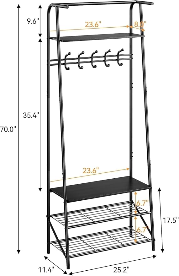 Hall Tree, Entryway Hall Tree with Shoe Rack, Coat Rack with Shoe Rack and Hooks, 25” Freestanding Metal Entryway Organizer with 4-Tier Storage Shelves for Hallway, Bathroom, Small Spaces