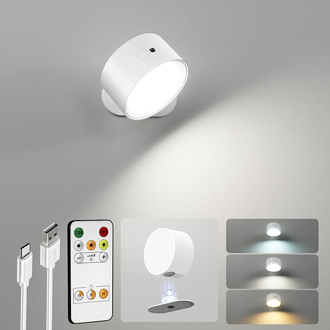 LED Wall Mounted Lights, Rechargeable Wall Sconces Lamp, 3 Color Temps & Remote and Touch, 360°Rotation Dimmable Cordless Wall Light for Study Bedroom Reading Bedside(White, 1 Pack)