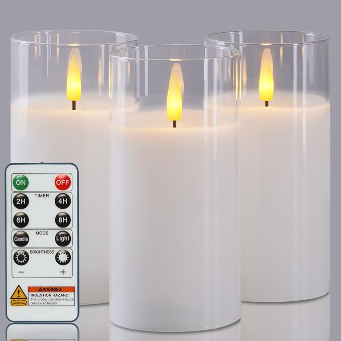 5plots Flameless Battery Operated Candles Set of 3, White LED Candles with Remote Timer, Real Wax Glass Pillar Candles Warm Flickering Light for Indoor Home, Halloween, Christmas Decor D3 x H6 6" 6"