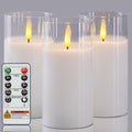 5plots Flameless Battery Operated Candles Set of 3, White LED Candles with Remote Timer, Real Wax Glass Pillar Candles Warm Flickering Light for Indoor Home, Halloween, Christmas Decor D3 x H6 6" 6"