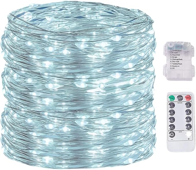 LED Fairy Lights Battery Operated String Lights Waterproof Silver Wire Firefly Lights for DIY Crafts Wedding Indoor Outdoor Christmas Patio Garden Decoration (Pure White, 33FT-100LEDS)