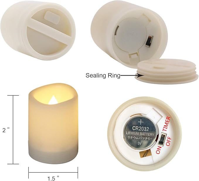 DRomance Outdoor Waterproof Flameless Votive Candles with Timer, Battery Operated LED Tealight Flickering Candles Warm Light Set of 12 Wedding Party Decor Plastic Candle(1.5 x 2 Inches)