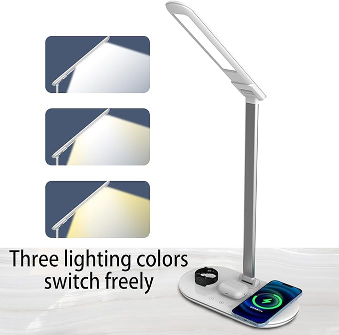 3-in-1 Wireless Charging Desk Lamp,15W Qi Fast Charger for Phone/Watch/Earbuds,Adjustable LED Light with 3 Colors & Stepless Dimming,Flexible Gooseneck,Touch Panel,HYT2096 White.