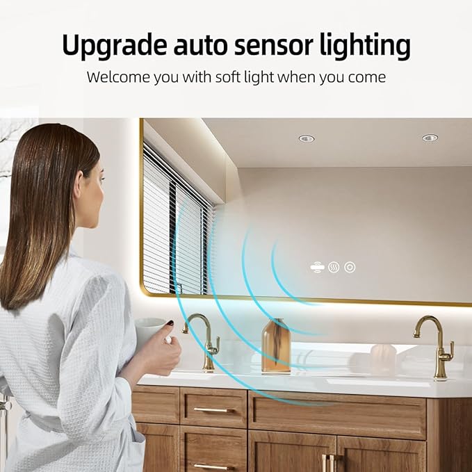 56 x 36 Gold LED Bathroom Mirror, Metal Framed Rounded Corner Rectangle Backlit Mirror Bathroom, Anti-Fog, 3-Color Stepless Dimmable Lighted Mirror, Motion Sensor Lights, Memory Function