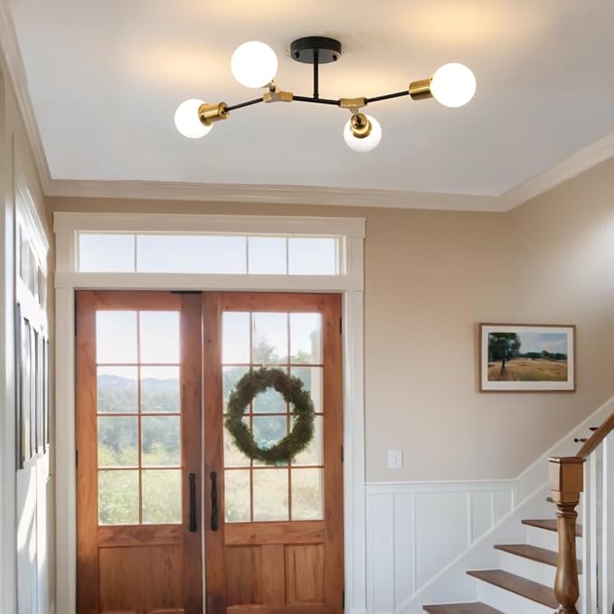Modern Semi Flush Mount Ceiling Light,Mid Century 4 Light Lighting Fixture for Dining Room Bedroom Kitchen Foyer Entryway Hallway,Metal Gold and Black Sputnik Chandelier