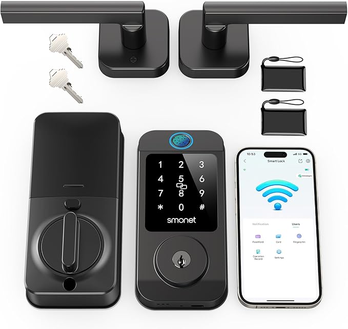 Keyless Door Lock with Handle Set - SMONET WiFi Fingerprint Smart Locks for Front Door, App Remote Control, Digital Bluetooth Keypad Deadbolt Set with Alexa, Auto Lock, Code, Fobs for Home Black