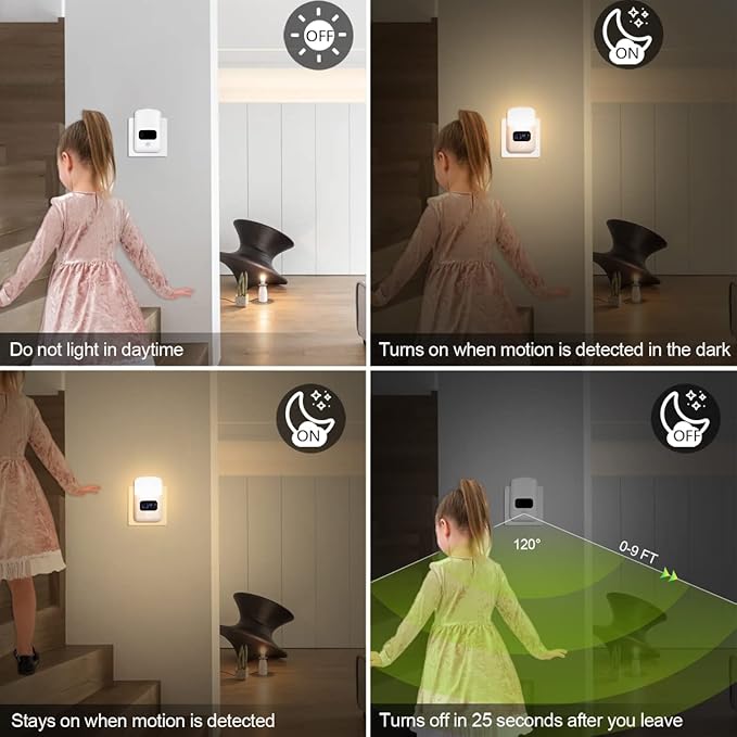 LUXON LED Motion Sensor Night Light with Digital Alarm Clock,Bathroom Clock Plug Into Wall 4000K Warm White,Dusk to Dawn Sensor for Bedroom,Hallway,Bathroom,Kitchen,Stair Indoor (12Hour Format)