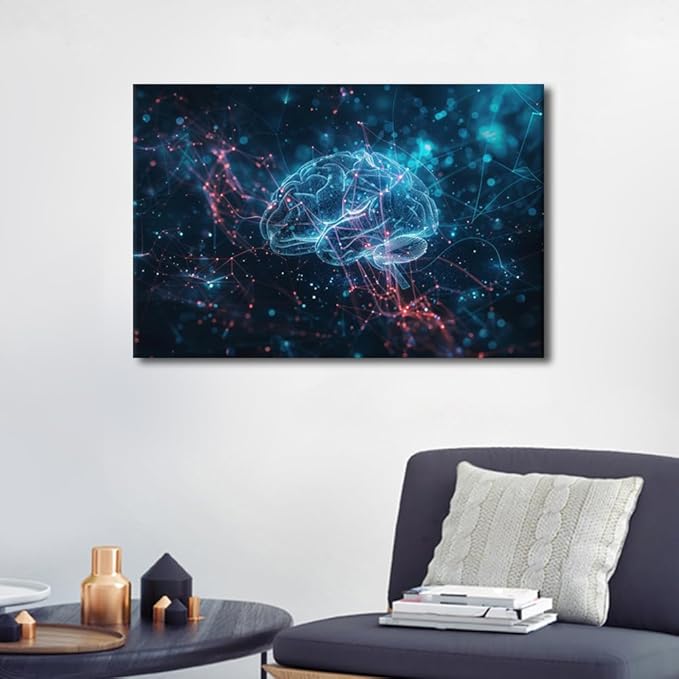 Wall Decor Modern Technology Paintings Canvas Wall Art Framed Human Brain Poster for Boys Bedroom Artificial Intelligence Painting Wall Decor Art Work for Home Decor Living Room 24" Wx36 Hx1 Panel
