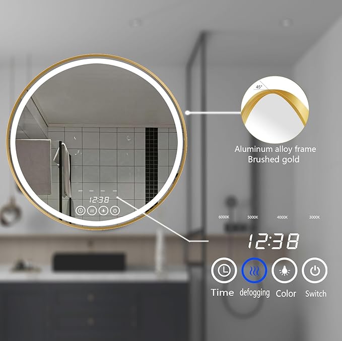Wall-Mounted Round Bathroom Mirror with LED-Lights - Frame Vanity Mirrors (32" x 32", Gold)