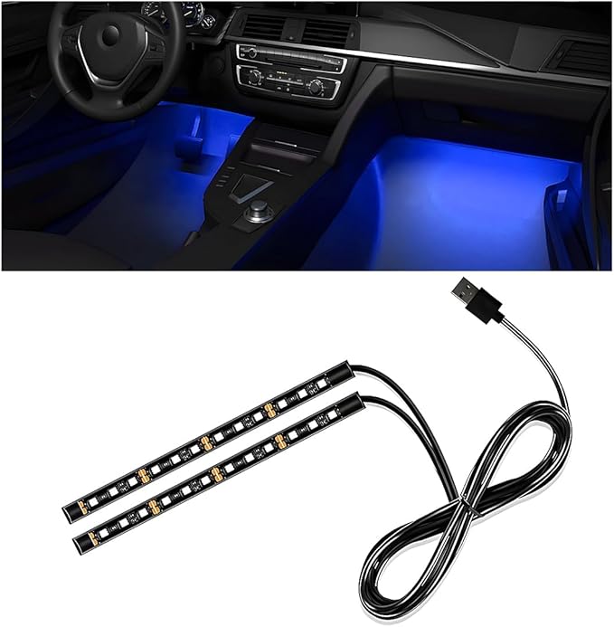 Car Interior LED Strip Light, 12V 24 LED Waterproof Neon Ambient Night Light with USB Port, Automotive Atmosphere Decorative Under Dash Lighting Kit, Car Accessories (Blue)