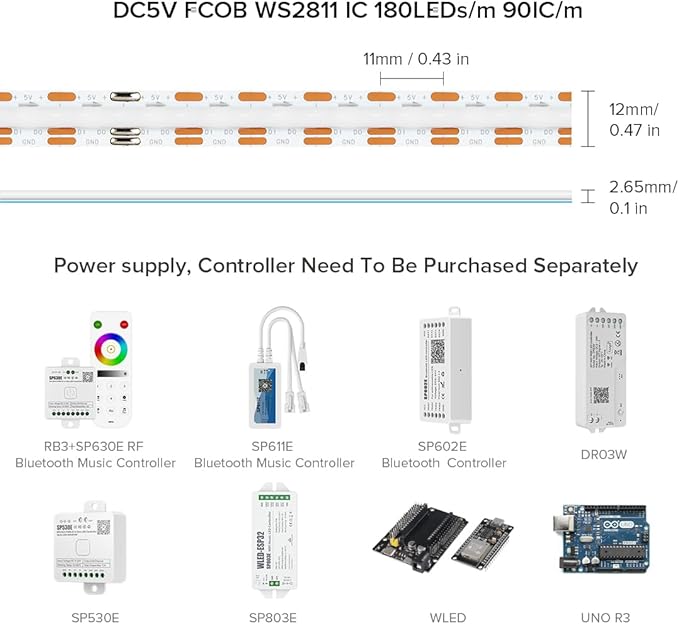 BTF-LIGHTING FCOB COB WS2811(WS2812B) IC RGB 180LED/m 900IC LED Strip DC5V 16.4FT Individual Addressable Flexible High Density Uniform Light Dream Chasing Color 10mm Width(NO Adapter or Controller)