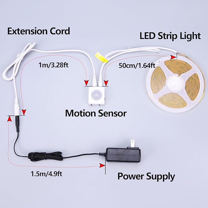 GOMING Motion Sensor COB LED Light Strip 16.4ft(5M) Cool White 6000K 3 Lighting Modes 3 Timing Off Modes 3 Brightness Modes with Power Adapter for Kitchen Cabinets Stair Showcase Bedroom Bed