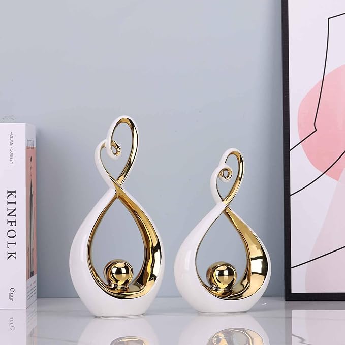 DOVDOV Modern Art Home Decor, Ceramic Abstract Sculpture 2 Piece Set, White and Gold Room Decor, Gorgeous Home Decor for Office, Shelf, Coffee Table and Desktop Decor Aesthetics.