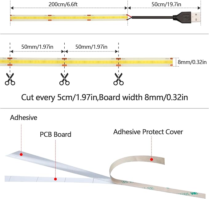 DC 5V USB COB LED Strip Light Natural White 4000K Dimmable IP65 Waterproof CRI 93+ USB Powered 6.6ft/2M 640LEDs with Dimmer High Brightness Flexible LED Tape Lights