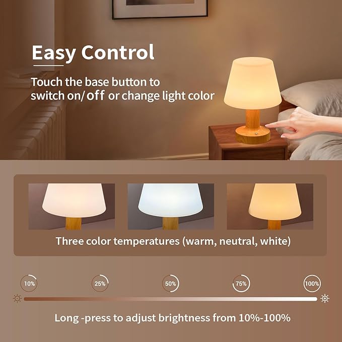 Operated Table Lamp 3000mAh Cordless Rechargeable, Touch Dimmable Desk Lamp, LED Night Light for Patio Camping Restaurant Home, H8.7in, Wood Grain