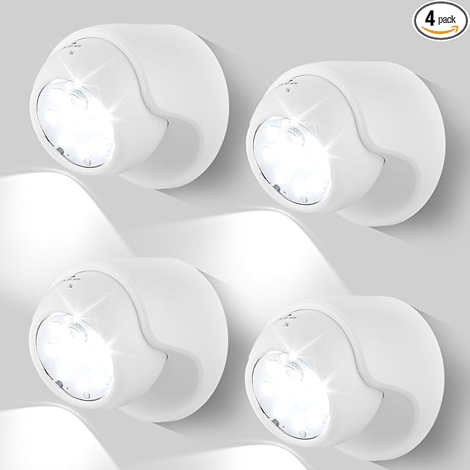 Motion Sensor Outdoor Lights - Outdoor Motion Sensor Light Battery Operated Wireless Spotlight Motion Detector Security Light Auto On Off for Sheltered Porch Stair Hallway Garage Wall Shed (4 Pack)