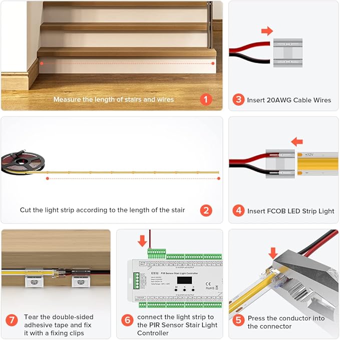 BTF-LIGHTING PIR Sensor Stair Light ES32 Controller Kit 3X16FT Custom FCOB LED Strip Length Fits All Widths of Stairs DC24V 3000K CRI 90+ 8mm Width Dimmable Uniform Light Multiple On and Off Modes