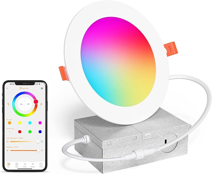 Smart Recessed Lighting 4 Inch RGBCW Color Changing 12W LED Downlight with Junction Box,1080 Lumen Recessed Ceiling Light Compatible with Alexa,Dimmable by Bluetooth Control -1Pack