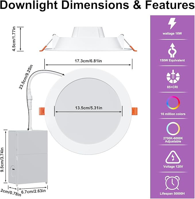 Recessed Lighting 6 Inch RGBCW Color Changing Smart Recessed Ceiling Lights 16W 1350LM LED Downlights Dimmable by Alexa & APP, 2700K-6500K,16 Million Colors - DIY Scenes - Timer - 23 Modes (12 Pack)
