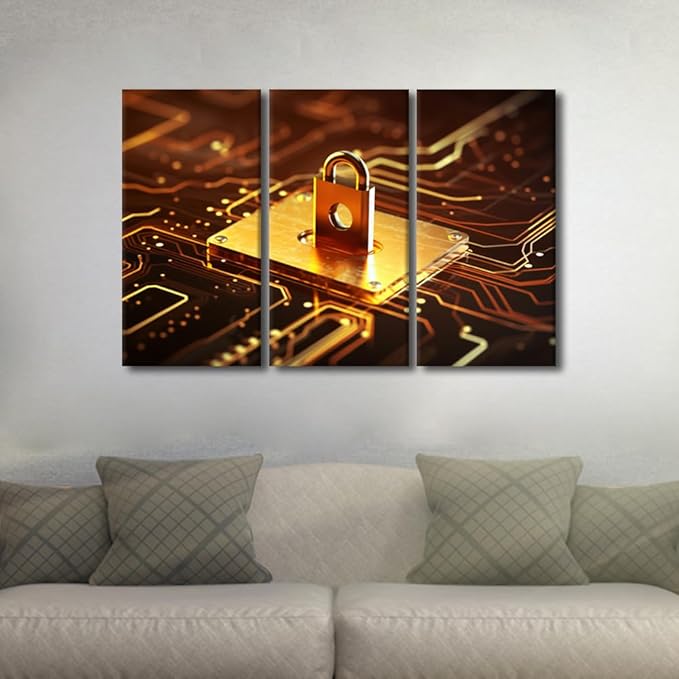 Wall Art for Living Room 3 Panel Padlock on Circuit Board Neon Gold Posters and Prints for Home Hotel Office Wall Decorations, Wooden Framed Gallery-Wrapped Ready to Hang, 42" Wx28 H