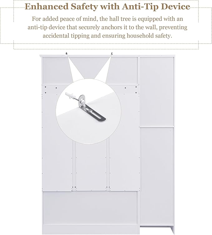 79'' Tall Modern Hall Tree with Shoe Storage and 4 Coat Hooks, 4-in-1 Entryway Bench with 6 Cabinets and Adjustable Shelf for Hallway, Living Room (White/33f)