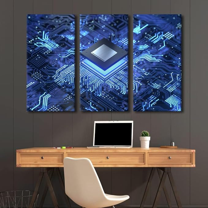 Circuit Board Pictures for Living Room Smart Chip Canvas Wall Art House Decor Computer Chip Modern Office Wall Decor Framed CPU Concept Large 3 Panel Wall Art for Home Bedroom Ready to Hang(40"Wx60"H)